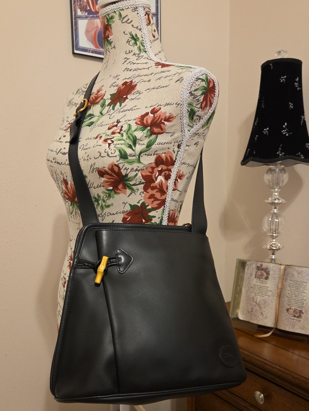 Longchamp Black Leather Crossbody Bag with Gold Accent